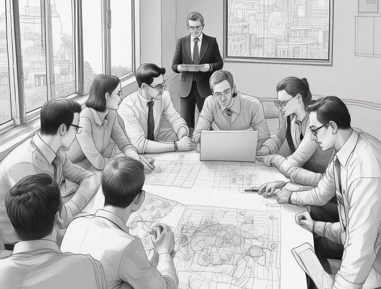 A team meeting around a table discussing timelines and budgets with documents.
