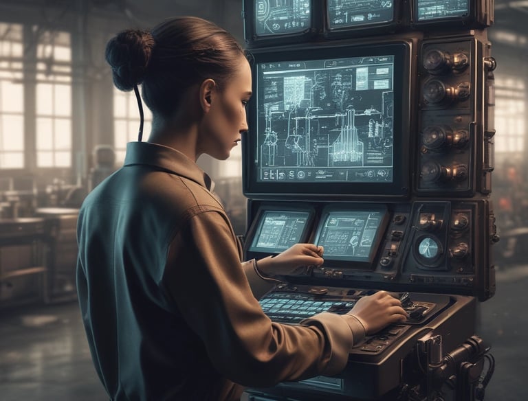 Industrial setting with sensors and data screens monitoring operations.