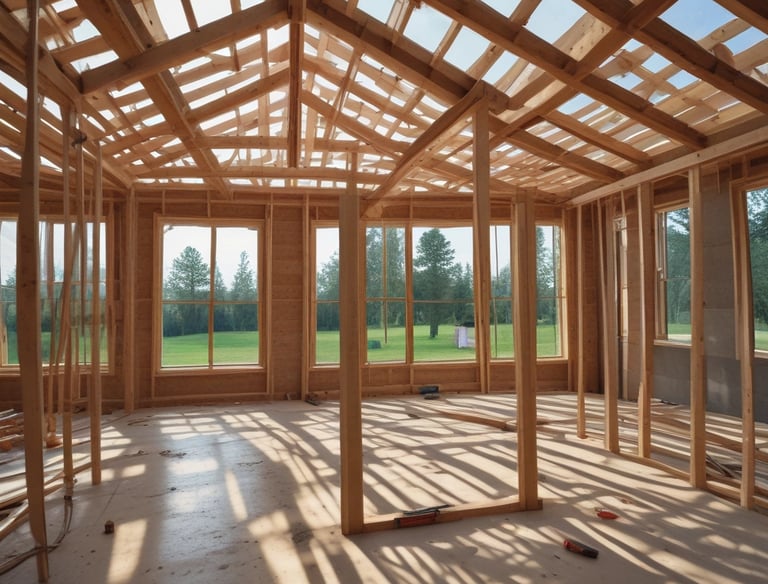 A construction site with workers framing a house.