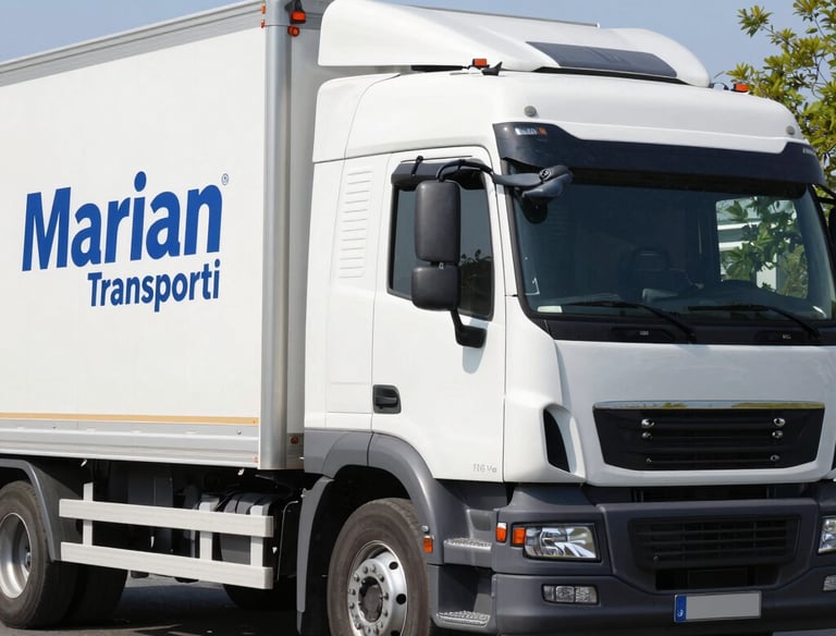 Delivery trucks on the road with European landmarks in the background, symbolizing cross-border service.