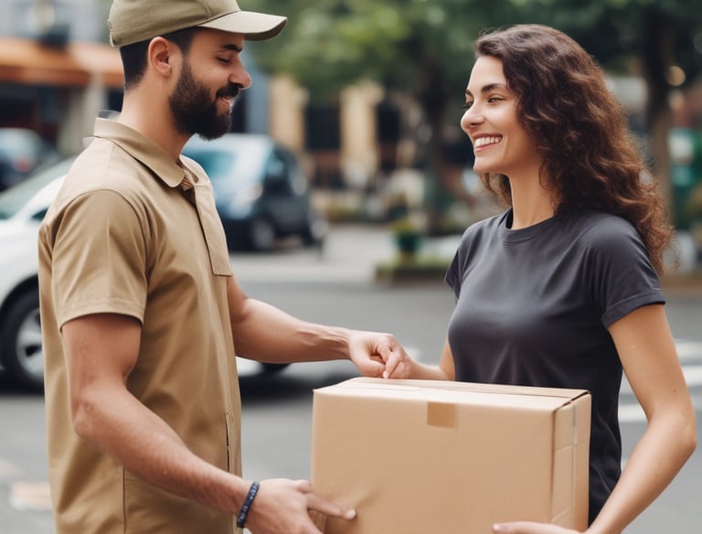 A delivery package being handed over to a happy customer at their home.