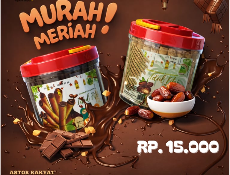 Promo Astor Rakyat chocolate and date wafers in jars with splashing liquid chocolate and dates.