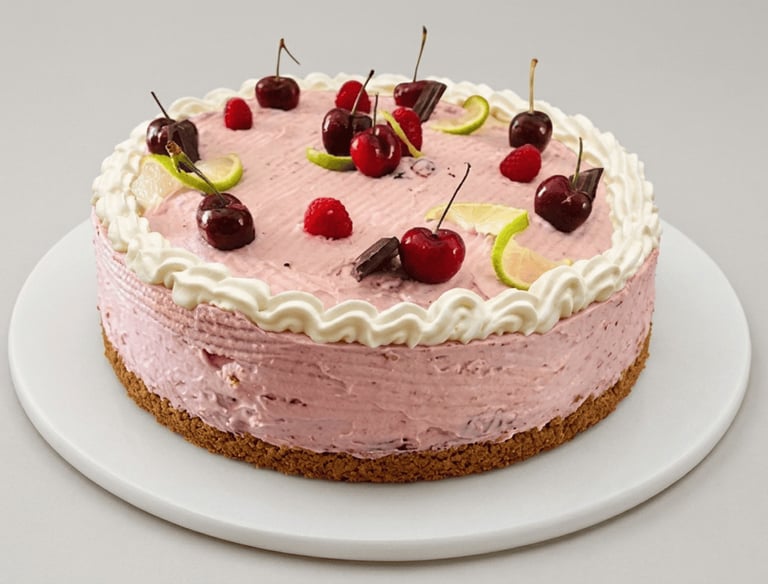 pastel artesanal de cereza decorado con frutos rojos y merengue.