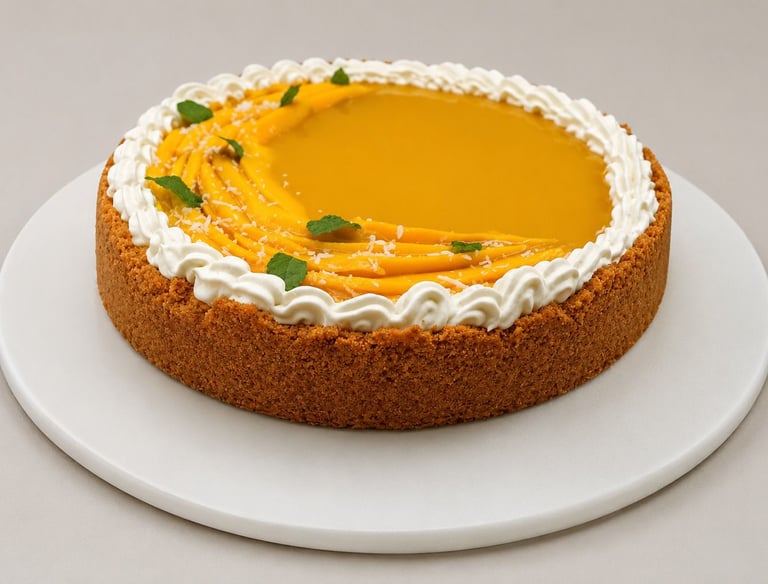 tarta de mango con una crujiente de galleta y unos toques de menta en la decoración merengue.
