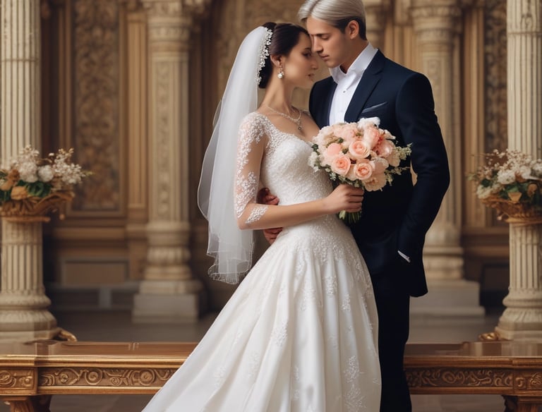 a bride and groom standing in front of a large building