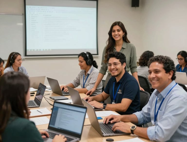 A team collaborating around a computer screen showing workflow automation charts.