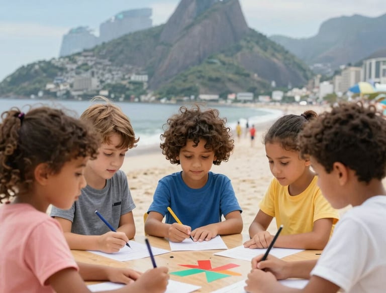 Children participating happily in a group educational activity outdoors.