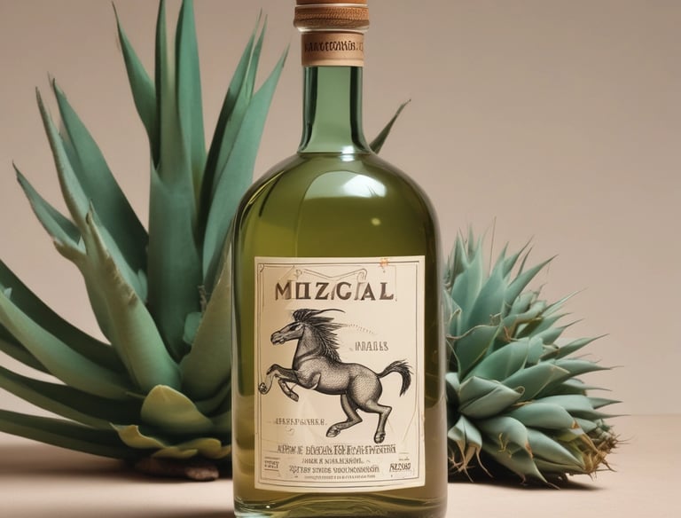 Close-up of a rustic bottle of artisanal mezcal with agave plants in the background.