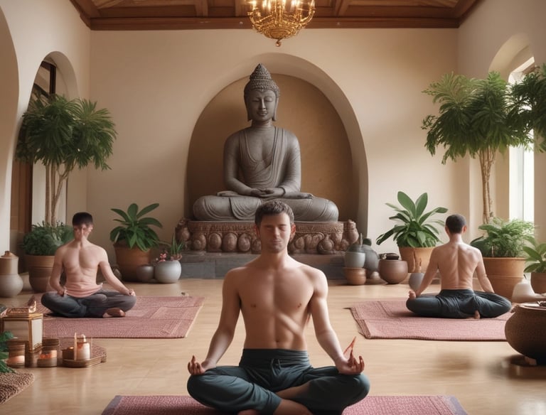 Indian man performing a serene yoga pose surrounded by warm, creamy tones.