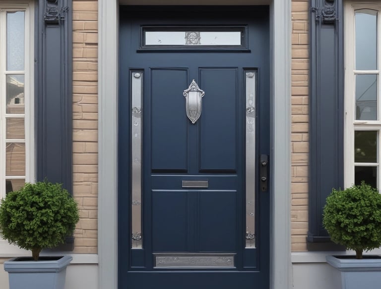 Close-up of a secure lock being installed on a modern blue door.