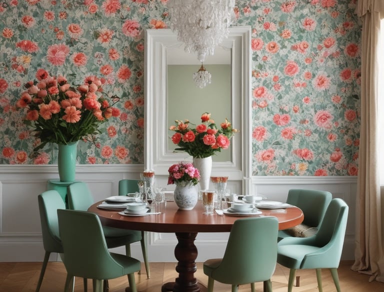 Close-up of a cozy living room wall adorned with vibrant floral wallpaper featuring roses and peonies.