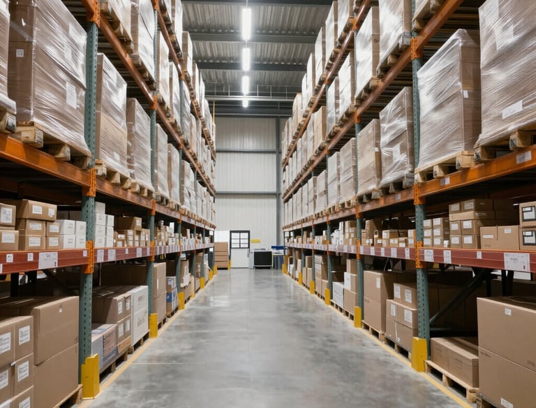 Shelves filled with neatly organized aerospace parts and components in a warehouse.