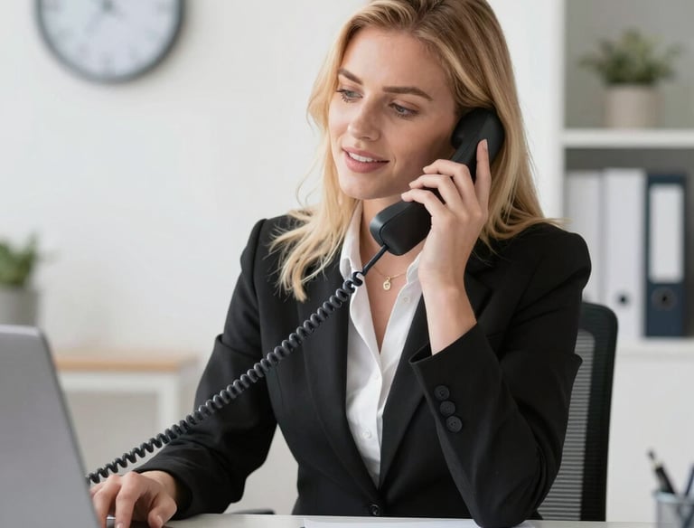 Customer service team assisting a client over the phone with a friendly smile.
