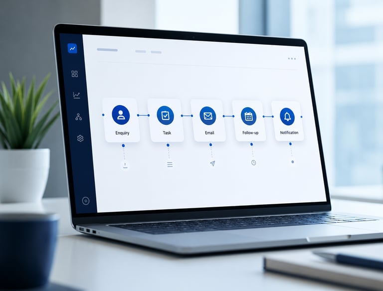 Workflow automation screen showing enquiry, task, email and notification steps