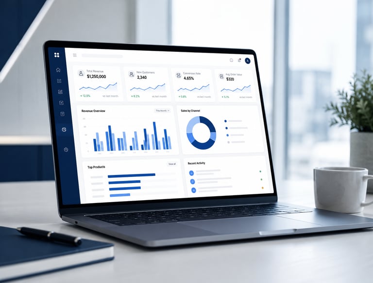 Reporting dashboard showing business performance, activity and operational data
