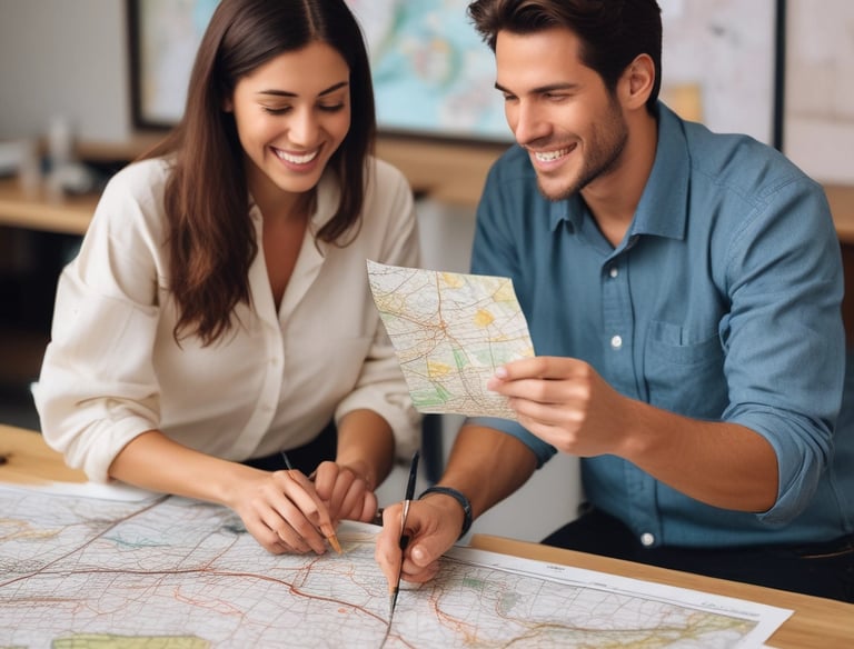 Travel agent showing a map to a client in the agency