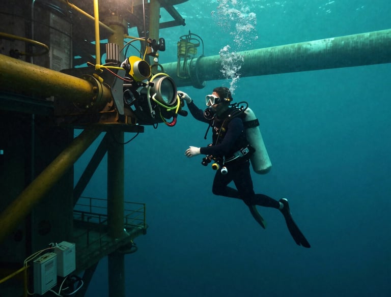Close-up of a diver in full gear navigating a deep ocean site with beams of light piercing the water.