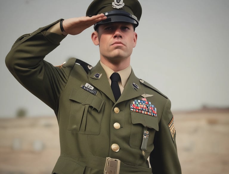 A man in a us navy uniform salutes outdoors.