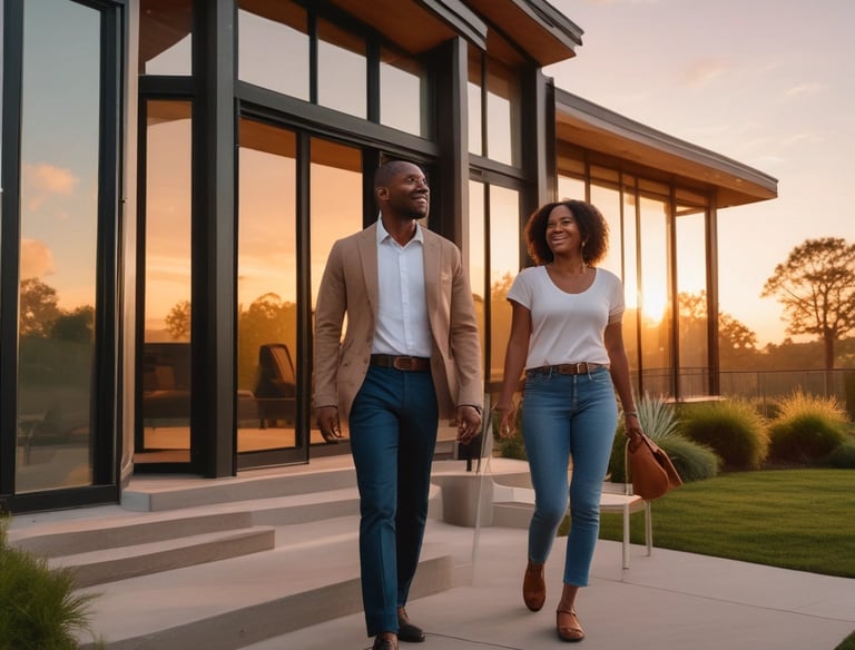 Modern home exterior with a sold sign in the front yard on a sunny day.