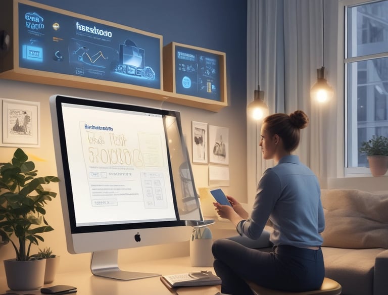 A designer working on digital ads for home remodeling services on a laptop.