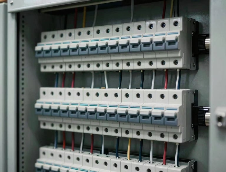 Close-up of a pristine, professionally organized electrical distribution panel with neatly routed wiring, circuit breakers, and industrial cable trays, cool-toned technical lighting, high contrast.