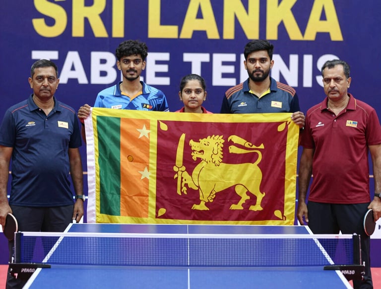 A focused Sri Lankan table tennis player in action, mid-smash with intense determination.