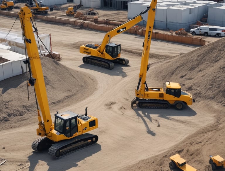 A sturdy excavator working on a sandy construction site under a clear blue sky.