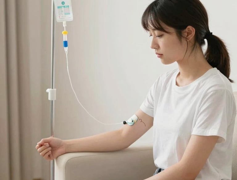 A smiling client receiving an IV infusion in a cozy home setting.