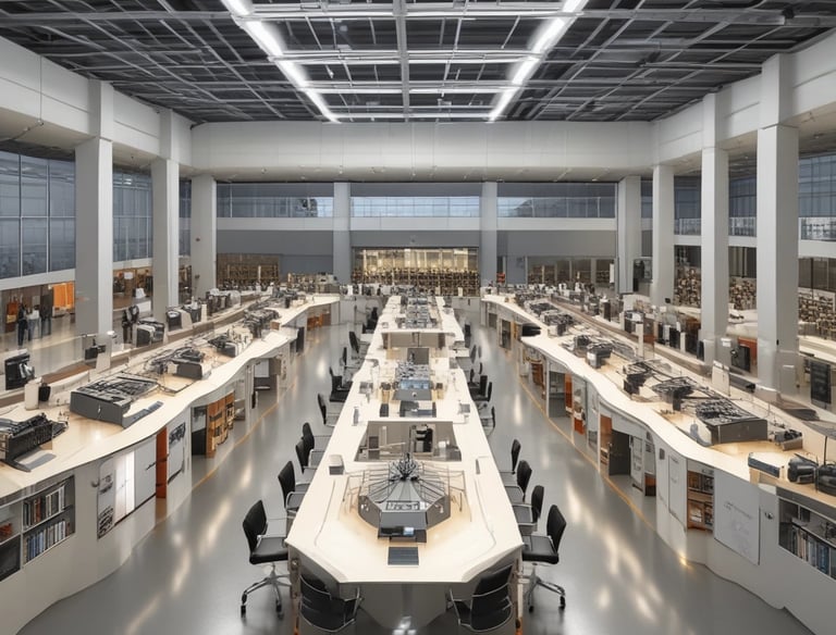 A vibrant collaborative innovation hub with diverse experts brainstorming over futuristic tech models.