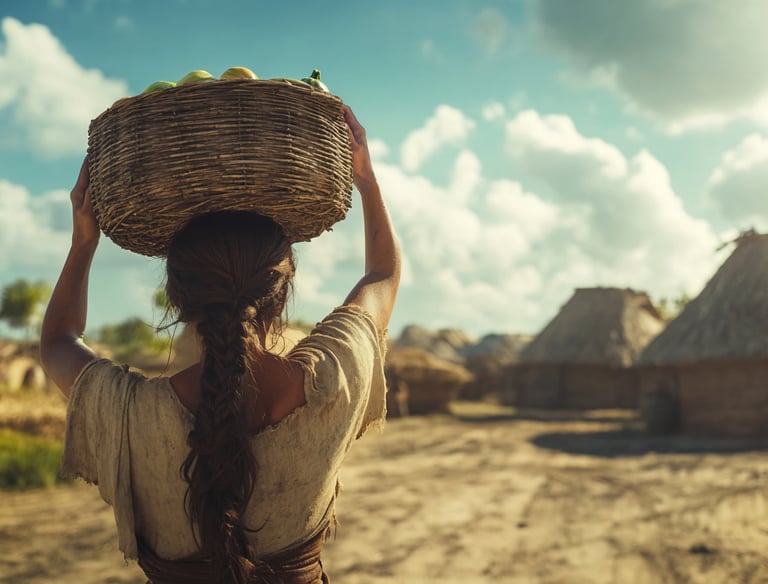 a woman in a straw hat holding a basket with bananas