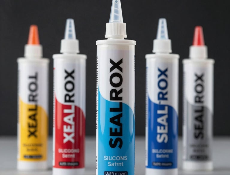 Close-up of a tube of silicone sealant being applied to a window frame.