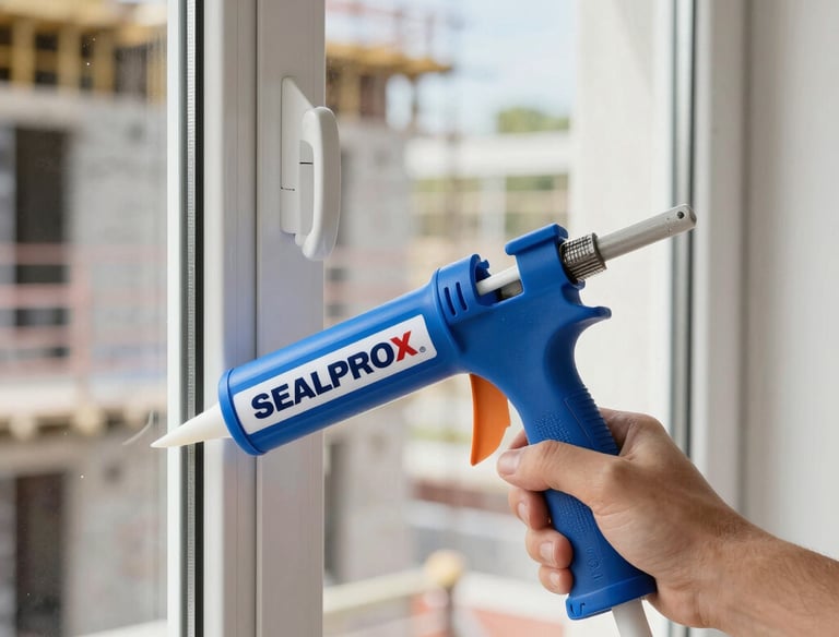 Industrial containers of sealants stacked in a warehouse.