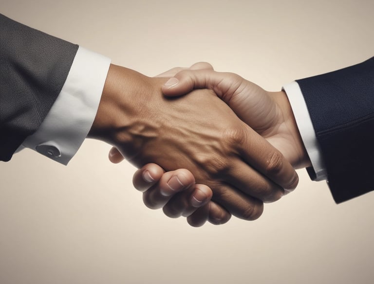 Close-up of hands shaking over a contract on a wooden table, symbolizing partnership.