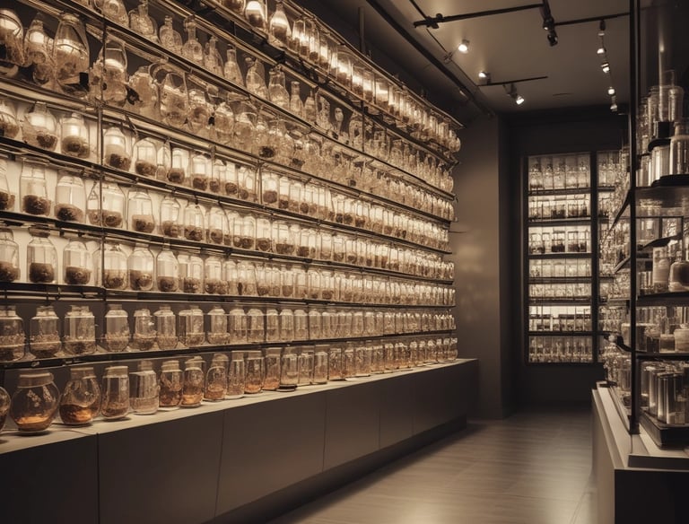 Close-up of hands mixing perfume ingredients in a lab setting.