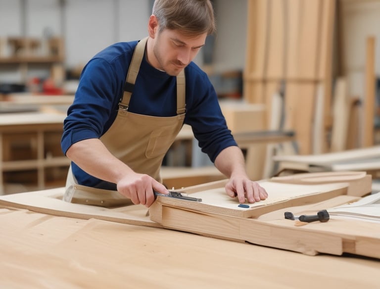 Craftsmen working carefully on a wooden bed frame in a well-equipped carpentry workshop.