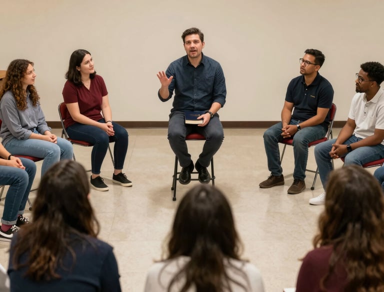 A joyful community outreach event with church members serving and smiling among neighbors.