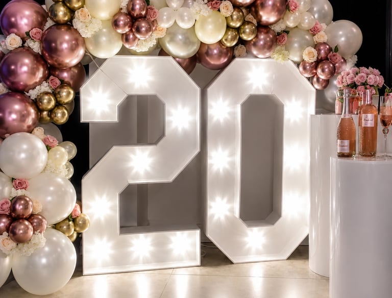 Large white marquee number 20 display with rose gold and gold balloon arch for a birthday celebration.