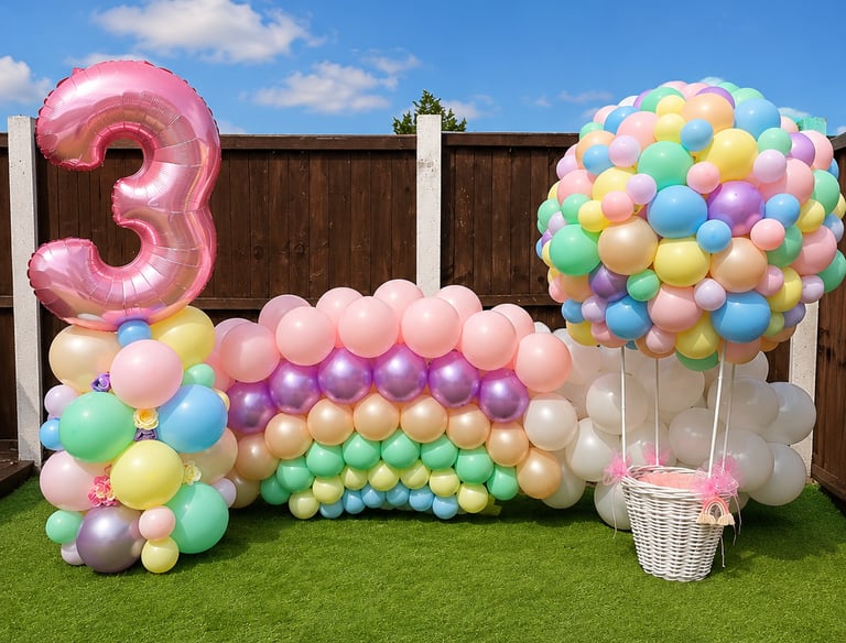 Pastel rainbow balloon arch with pink number three and hot air balloon decoration for 3rd birthday party.