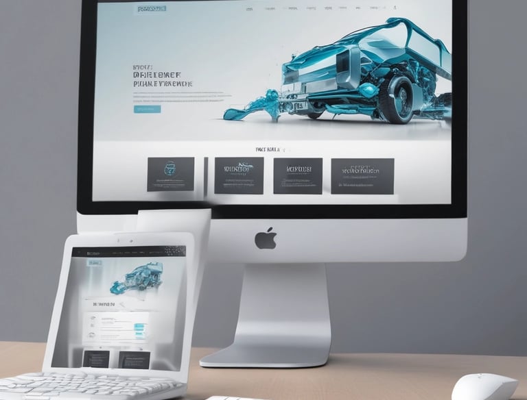 A sleek futuristic website layout glowing on a slim laptop screen in a bright, minimal workspace.