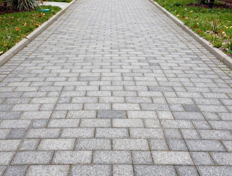 A freshly power washed driveway gleaming under sunlight with clear contrast to the dirty edges.