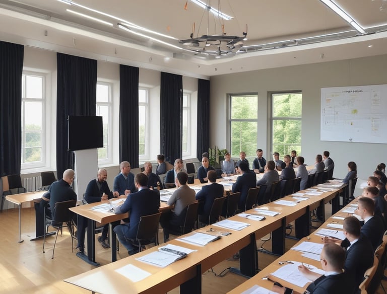 A consultant discussing renewable energy plans with a client in a bright office.