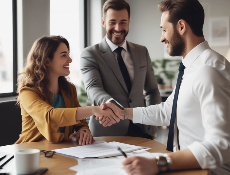 Close-up of hands shaking over a signed real estate contract on a sleek glass table.