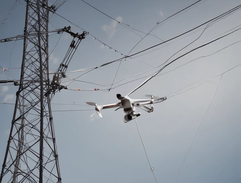 Drone flying over power lines spanning a forested valley.