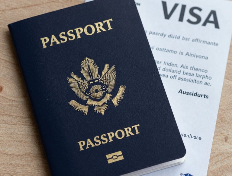 A traveler happily holding flight tickets and train passes at a cozy booking desk.