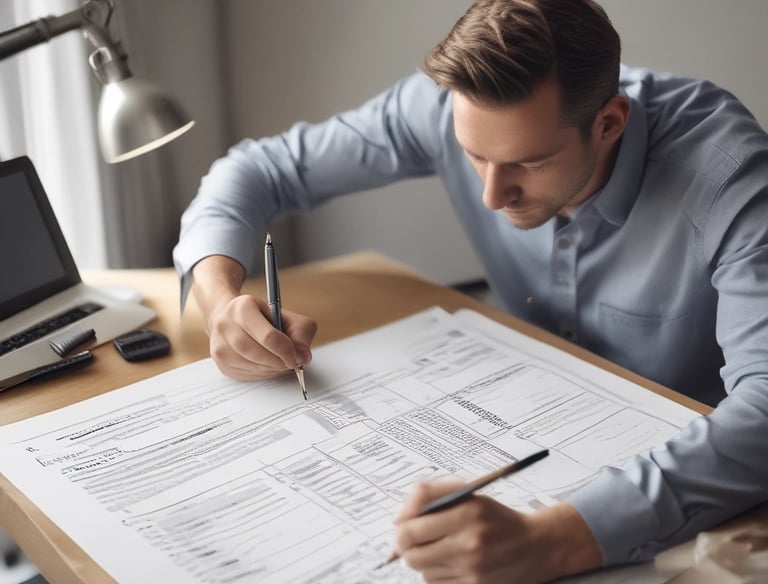 a man riding a skateboard down a street next to tall buildings