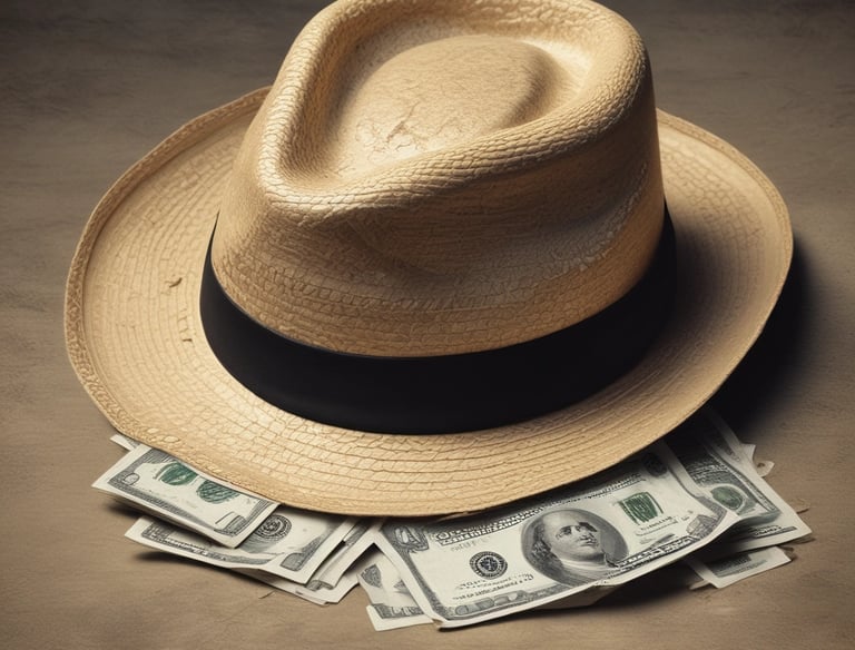 A worn straw hat next to a single, old yen bill on a rough surface, symbolizing hustle and minima