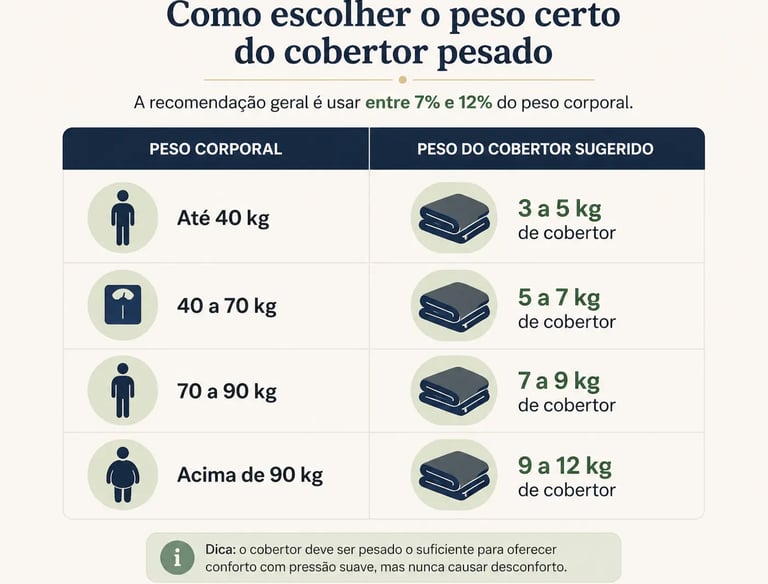 Infográfico explicativo sobre como escolher o peso ideal de um cobertor pesado baseado no peso corporal.