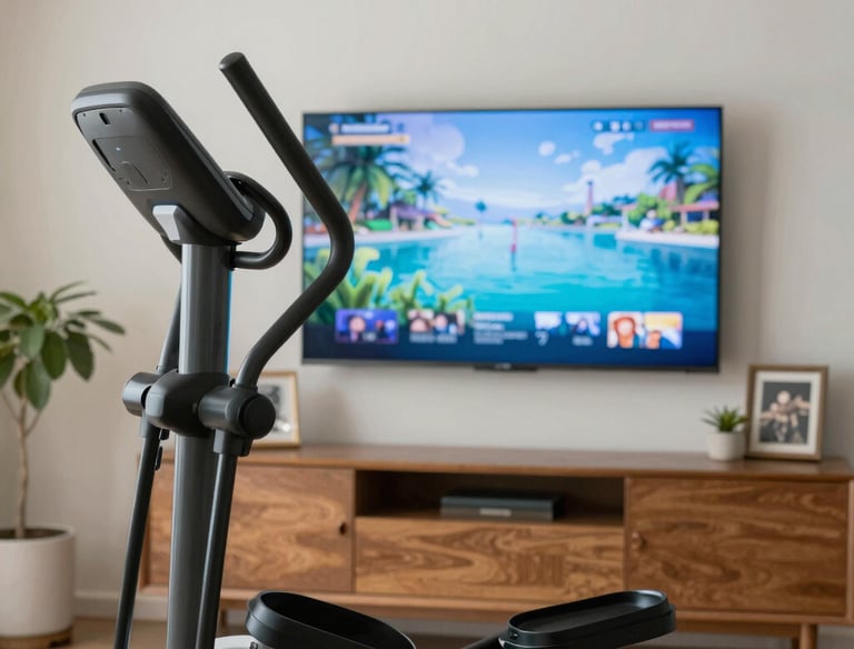 A compact elliptical machine positioned near a window with natural light.
