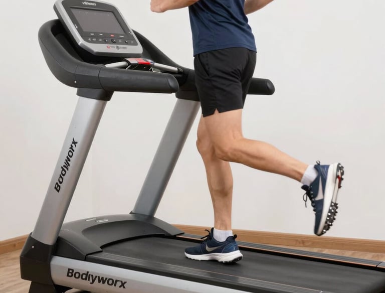 A sleek treadmill set up in a bright, airy home gym space.