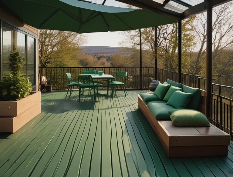 A lush green deck surrounded by trees, showcasing natural wood tones and peaceful ambiance.